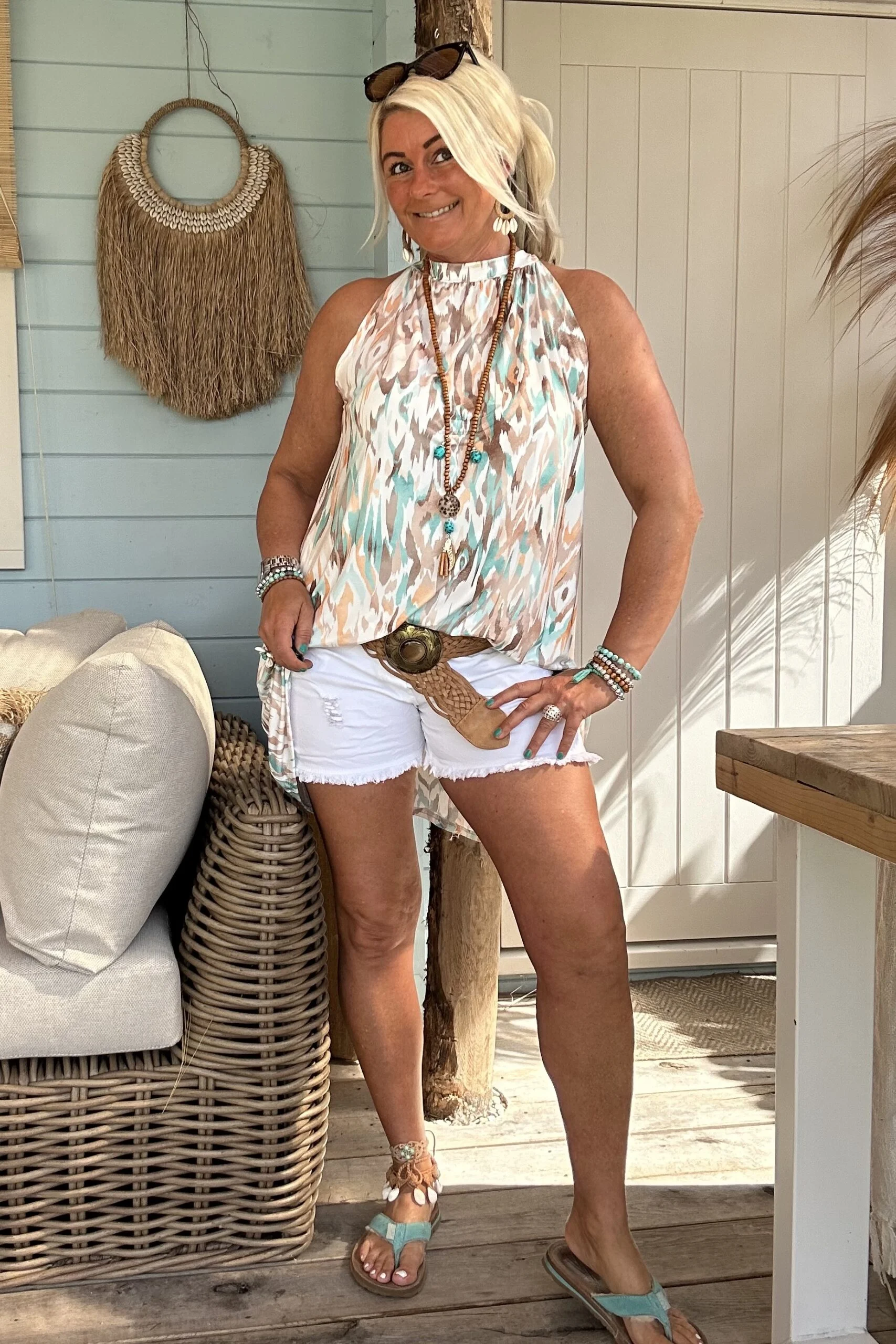 Halter jurkje Naomi Ikat, Mint/ Taupe. - Afbeelding 12