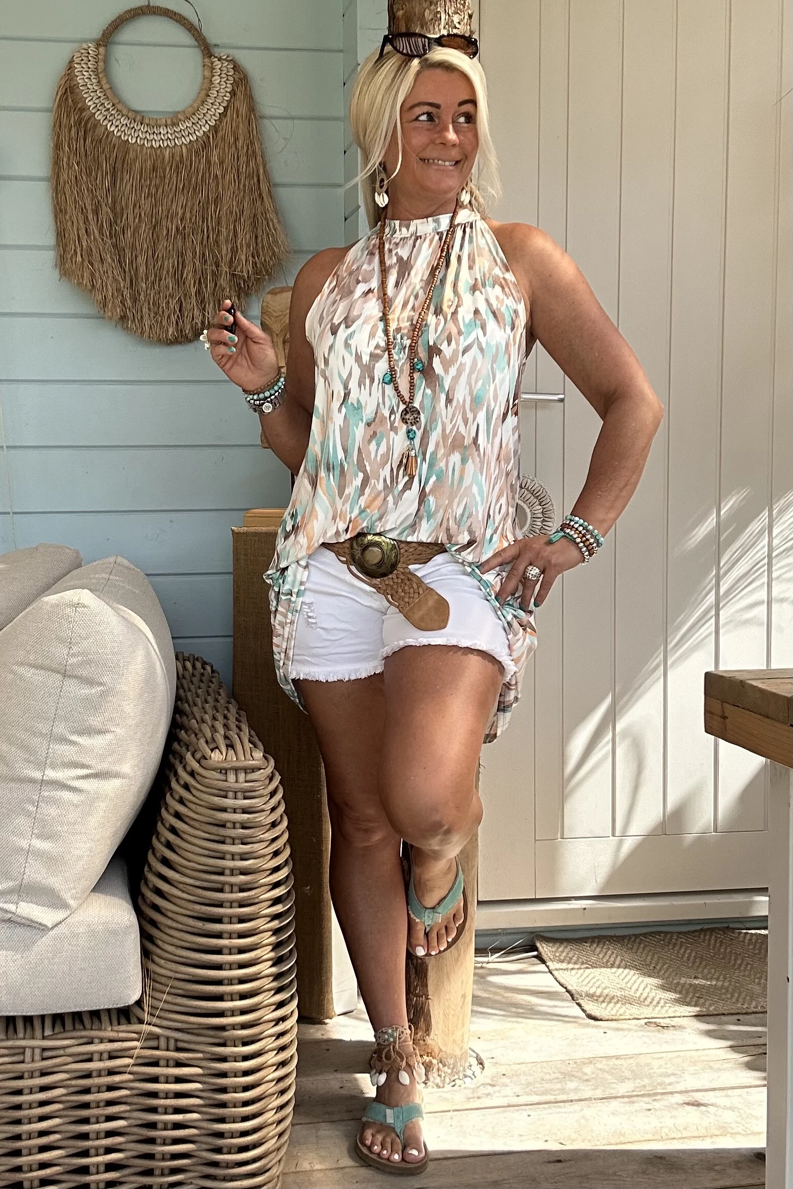 Halter jurkje Naomi Ikat, Mint/ Taupe. - Afbeelding 10