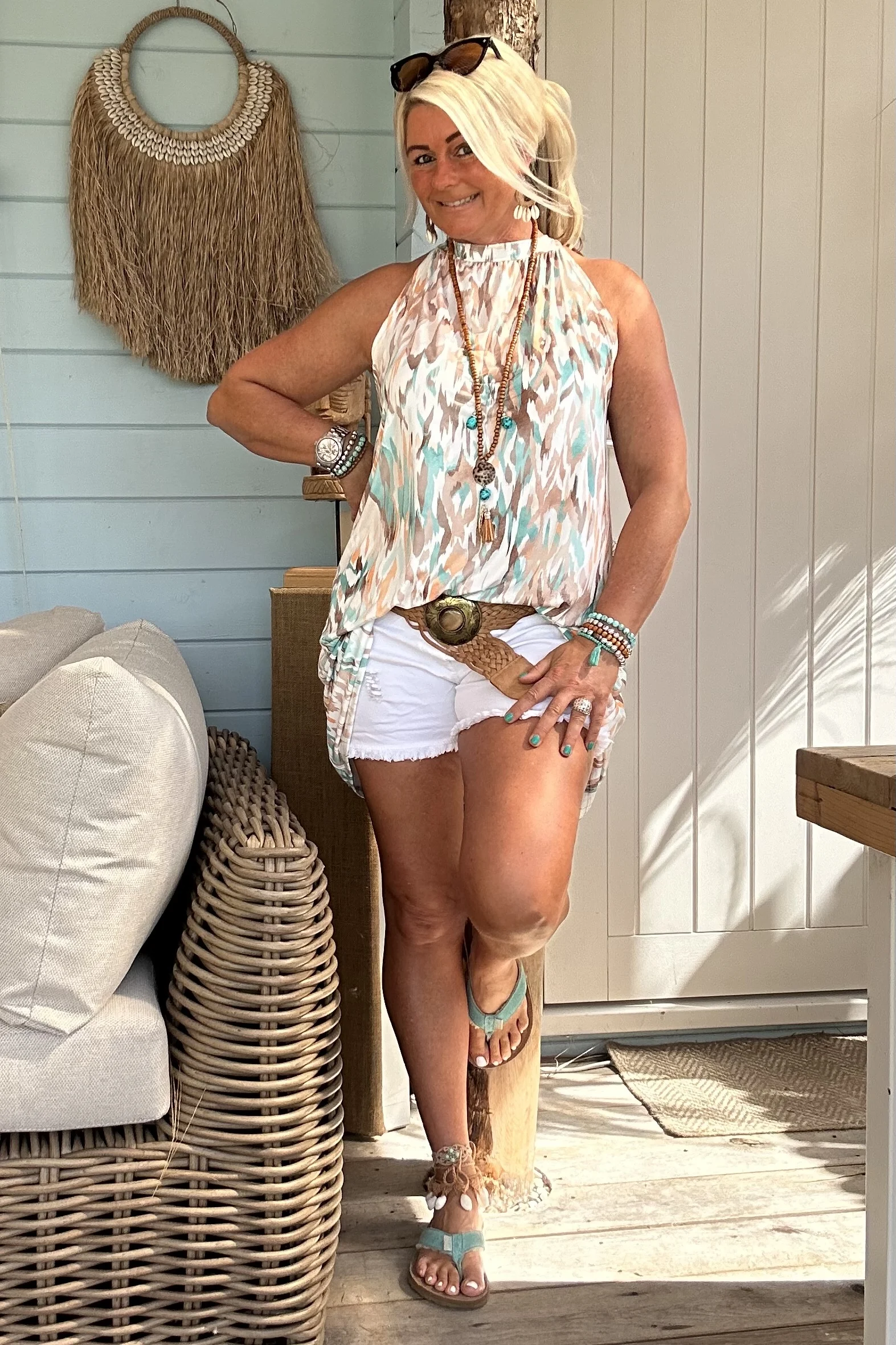 Halter jurkje Naomi Ikat, Mint/ Taupe. - Afbeelding 9