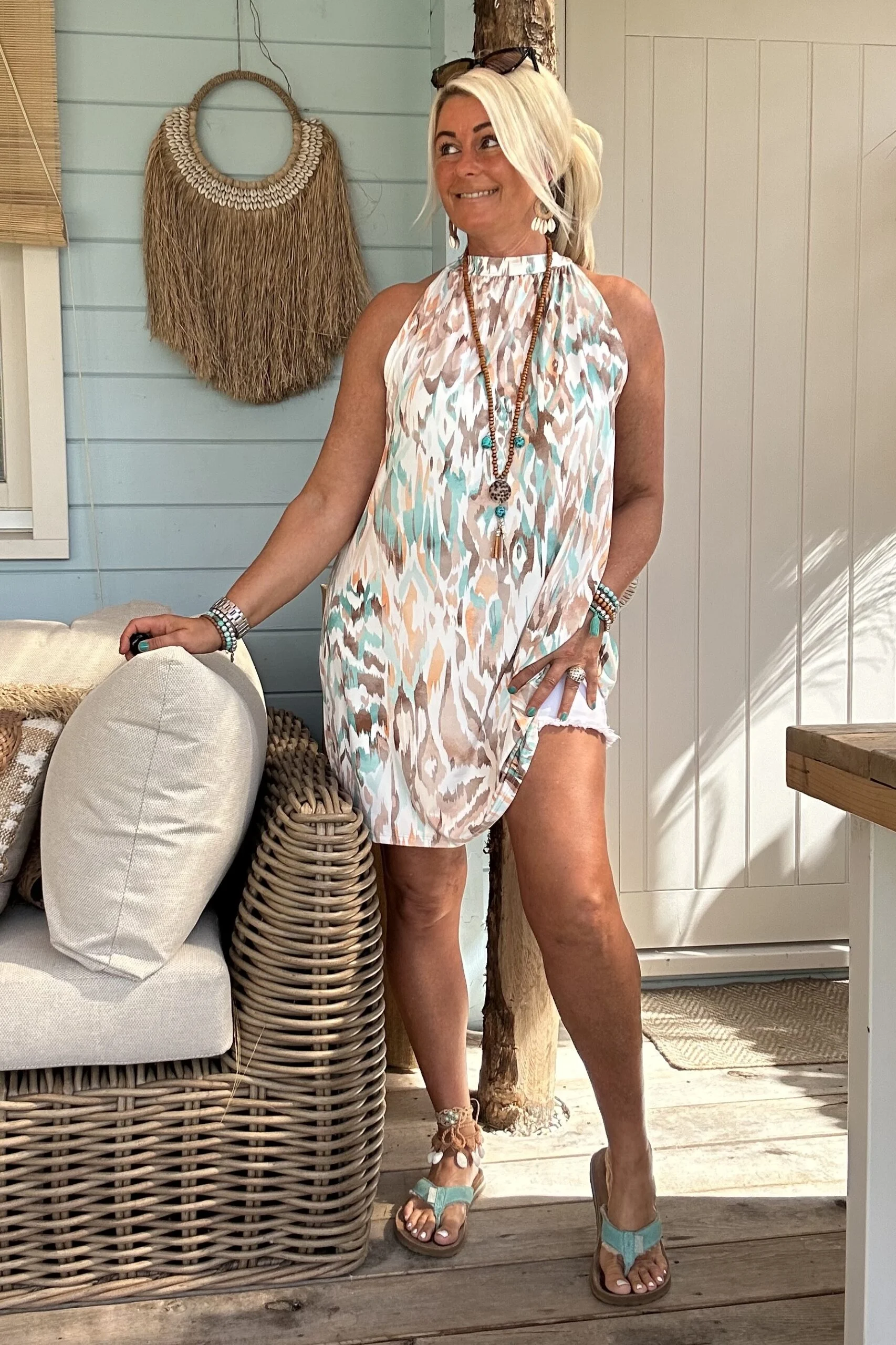 Halter jurkje Naomi Ikat, Mint/ Taupe. - Afbeelding 4
