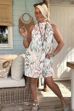 Halter jurkje Naomi Ikat, Mint/ Taupe.