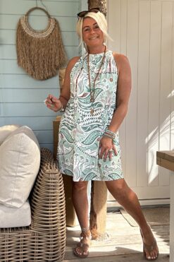 Halter jurkje Yarina Paisley, Zeegroen/ Bruin.