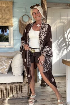 Kimono/Poncho Paloma met Borduursels, Donker Bruin.