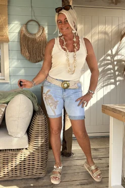 S. Woman Jeans short Prisca Palm Beads Champagne.
