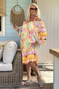 Ibiza JURK Bibi 3/4 mouw, Batik Oranje/Geel/Roze.