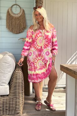 Ibiza JURK Bibi 3/4 mouw, Batik Fuchsia/Groen.