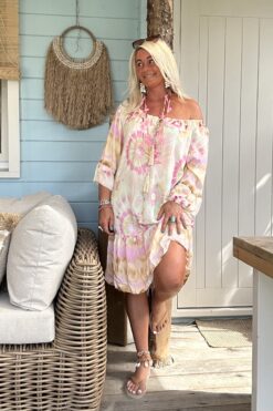 Ibiza JURK Bibi 3/4 mouw, Batik Pastel/Roze.