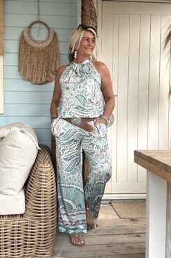 Twee-delige Set Marielle Paisley, Haltertop en Broek, Zeegroen/Bruin.