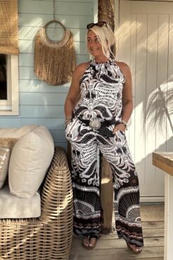 Twee-delige Set Marielle Paisley, Haltertop en Broek, Zwart/Bruin.