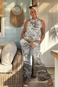 Twee-delige Set Marielle Paisley, Haltertop en Broek, Army/Bruin.