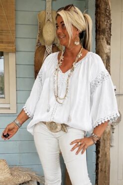 Boho blouse Bodine met Glanseffect, Wit.