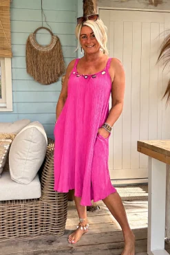 Boho Jurkje Melina Plisse met Kraal details, Fuchsia.