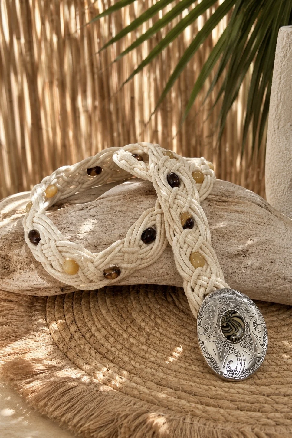 Boho Riem Savannah, Gevlochten koord met Kralen Naturel.