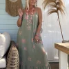 Maxi Jurk Stella met Sterren en Zonnen, Armygroen.
