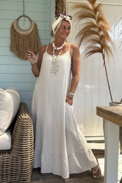 Maxi Jurk Stella Mousseline, Licht Zand.