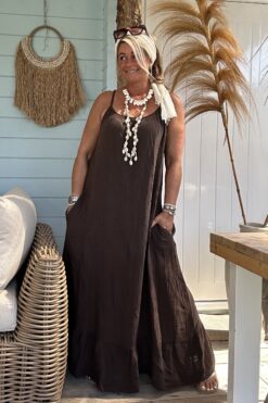 Maxi Jurk Stella Mousseline, Bruin.
