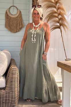 Maxi Jurk Stella Mousseline, Army.