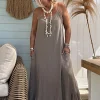 Maxi Jurk Stella Mousseline, Taupe.
