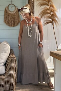 Maxi Jurk Stella Mousseline, Taupe.