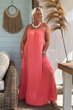 Maxi Jurk Stella Mousseline, Koraal.