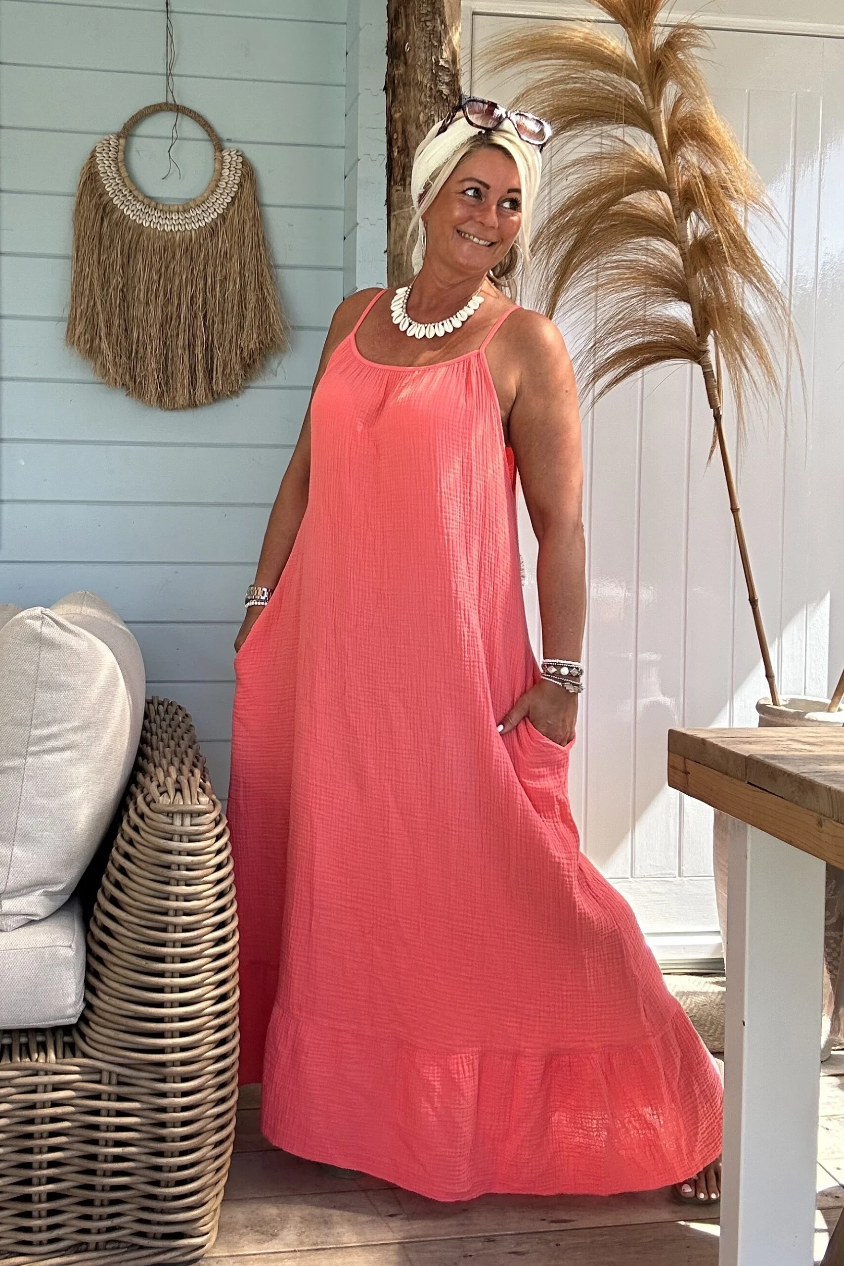 Maxi Jurk Stella Mousseline, Koraal. - Afbeelding 8