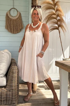 Boho Jurkje Melina Plisse met Kraal details, Zand.