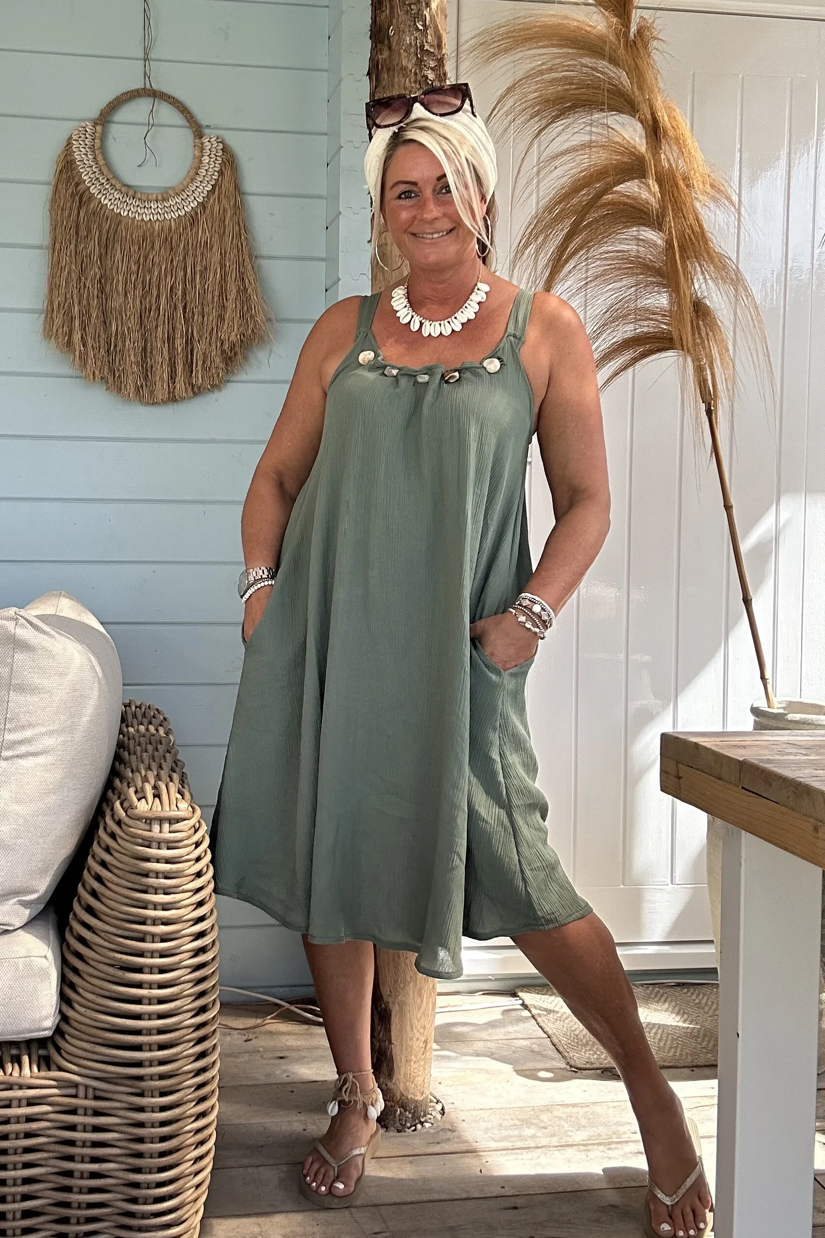 Boho Jurkje Melina Plisse met Kraal details, Army. - Afbeelding 2