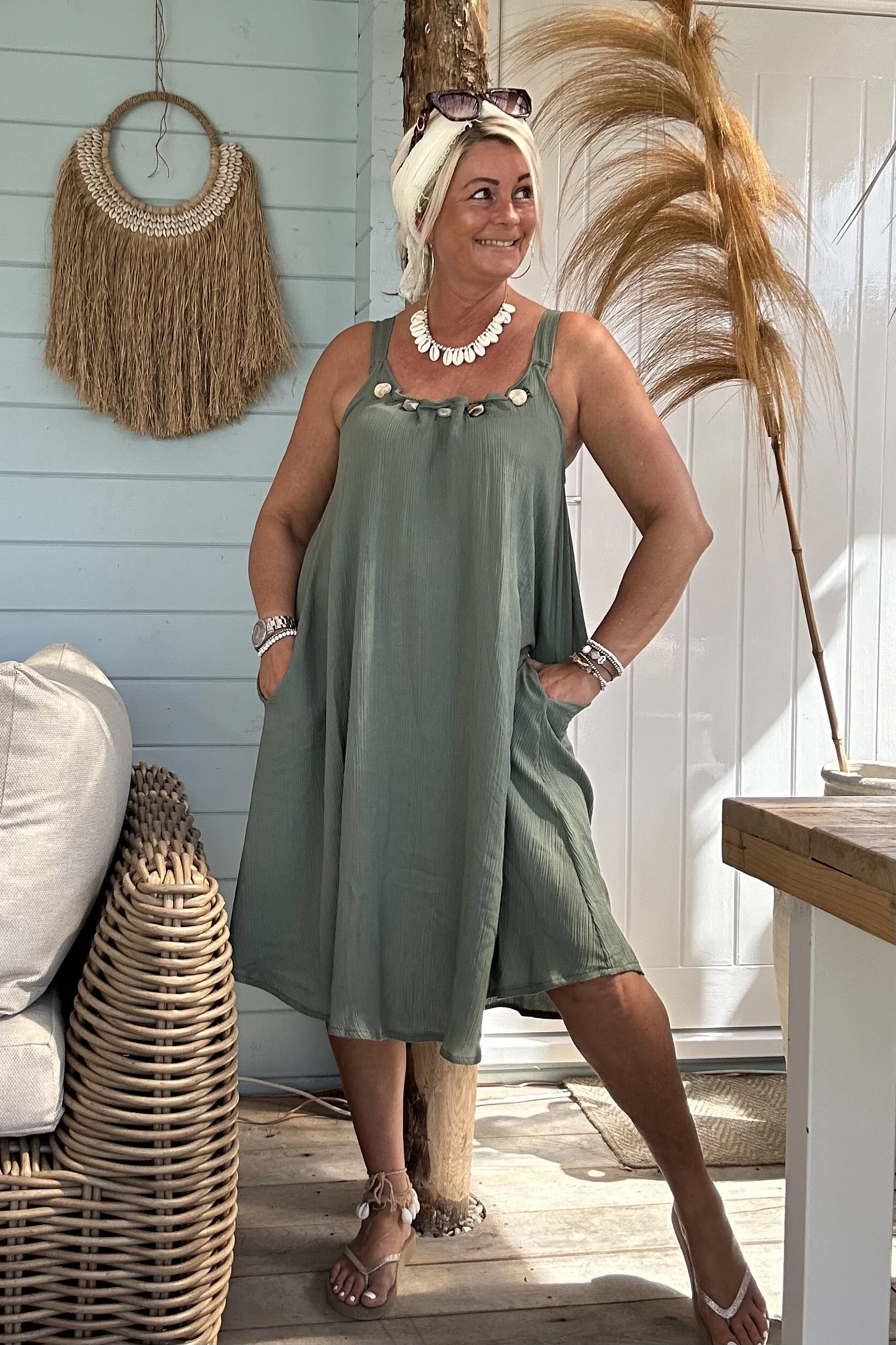 Boho Jurkje Melina Plisse met Kraal details, Army. - Afbeelding 9