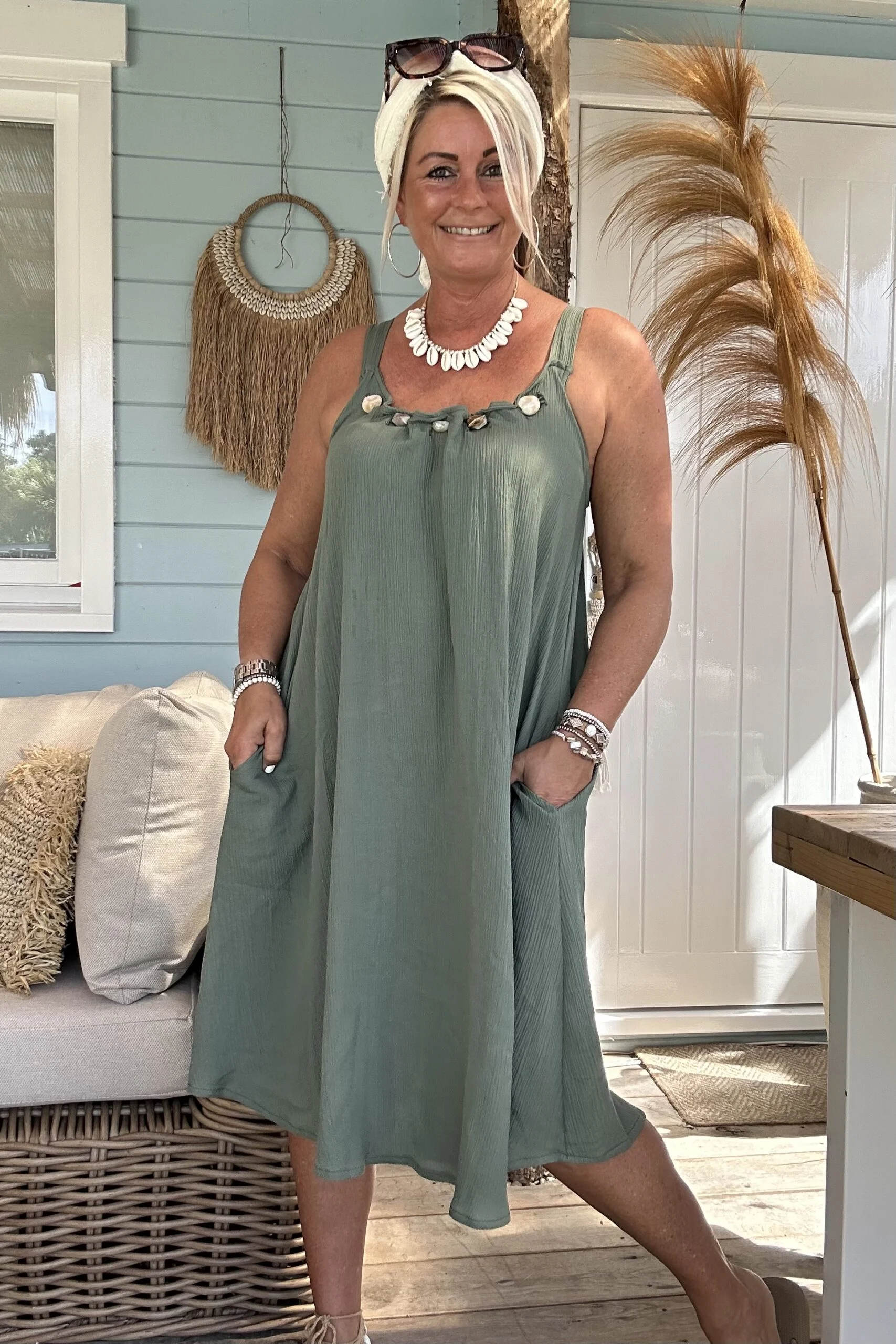 Boho Jurkje Melina Plisse met Kraal details, Army. - Afbeelding 8