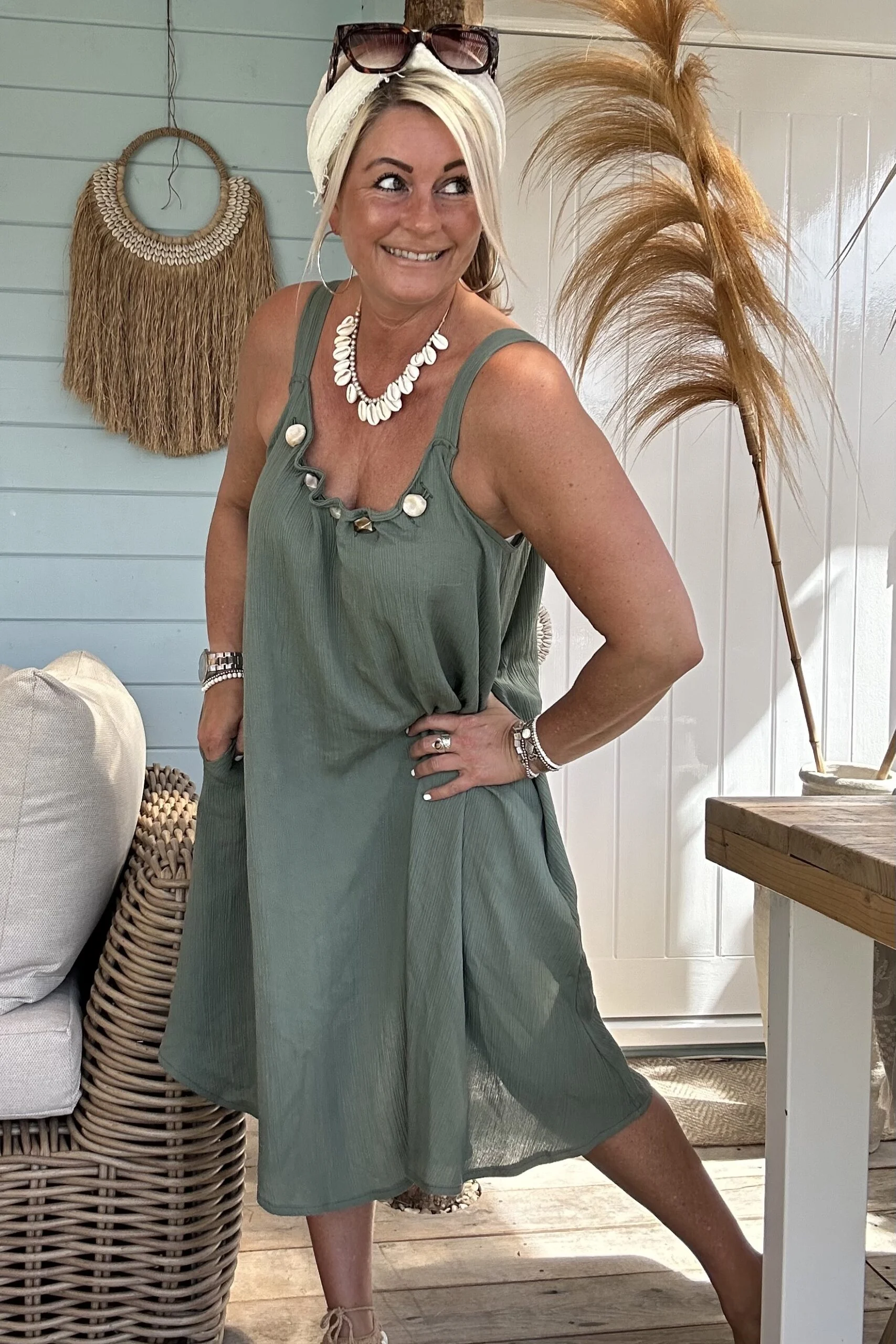 Boho Jurkje Melina Plisse met Kraal details, Army. - Afbeelding 7