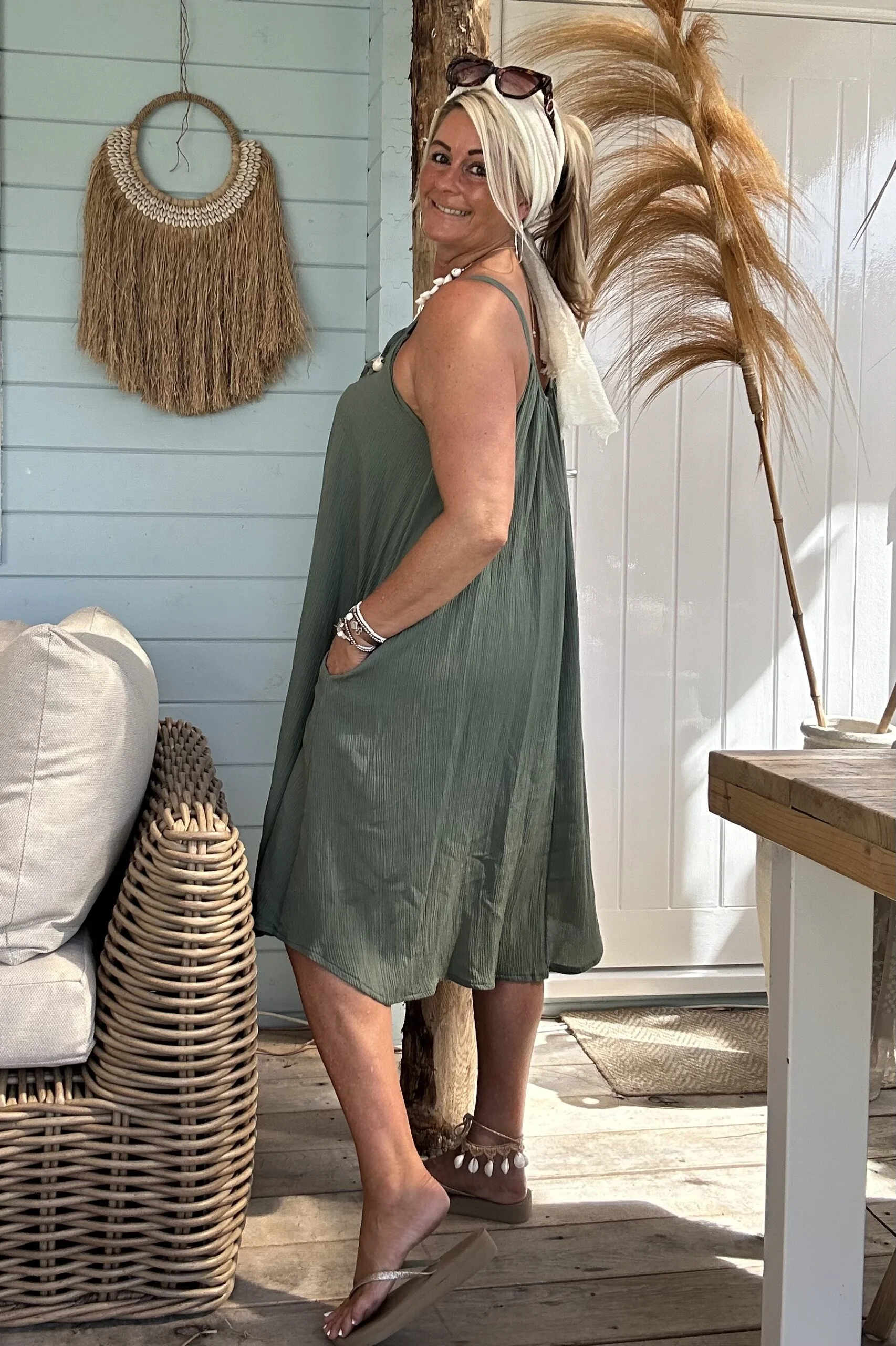 Boho Jurkje Melina Plisse met Kraal details, Army. - Afbeelding 6