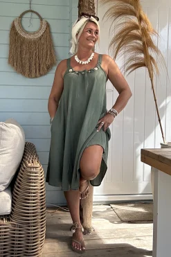 Boho Jurkje Melina Plisse met Kraal details, Army.