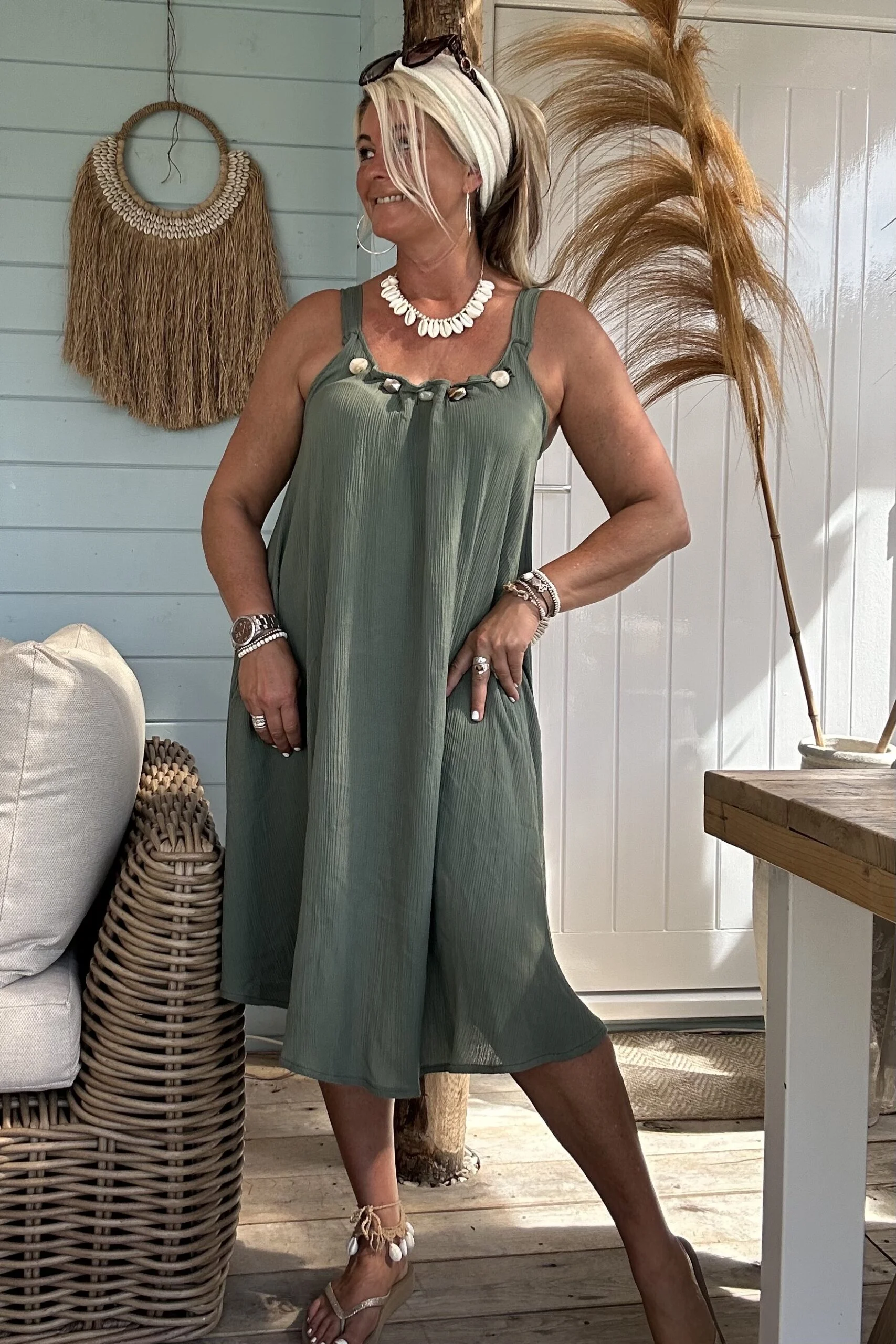 Boho Jurkje Melina Plisse met Kraal details, Army. - Afbeelding 4