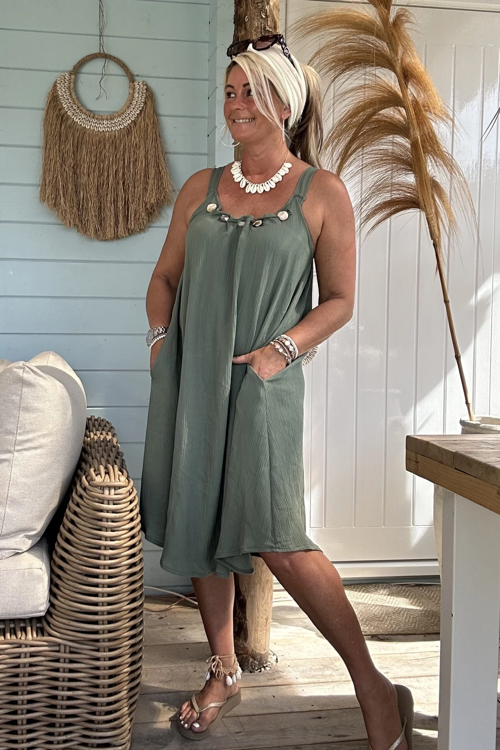 Boho Jurkje Melina Plisse met Kraal details, Army. - Afbeelding 3