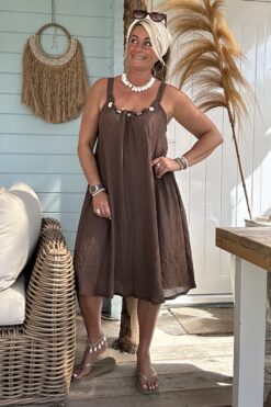 Boho Jurkje Melina Plisse met Kraal details, Bruin.