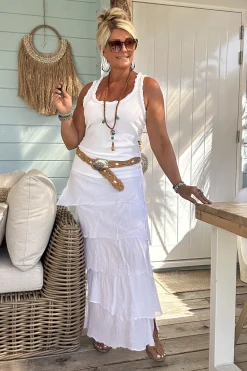 Maxi Rok Veronique met Volants, Wit.