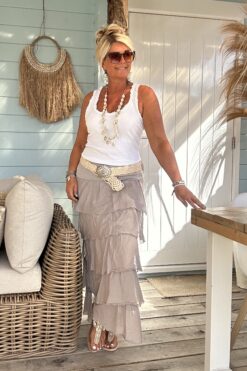 Maxi Rok Veronique met Volants, Taupe.