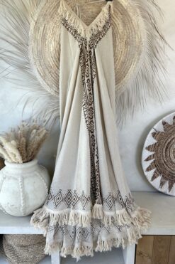 Boho Maxi jurk May met fringes, Naturel.