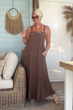 Boho Maxijurk Mirella Plisse met Kraal details, Bruin.