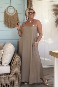 Boho Maxijurk Mirella Plisse met Kraal details, Taupe