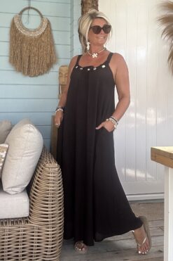 Boho Maxijurk Mirella Plisse met Kraal details, Zwart.