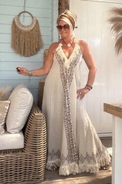 Boho Maxi jurk May met fringes, Naturel.
