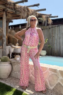 Twee-delige Set Isabel Snake, Haltertop en Broek, Fuchsia/Roze.