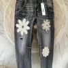 S.Woman Hippie Jeans Jola met Bloemen, Zwartgrijs.