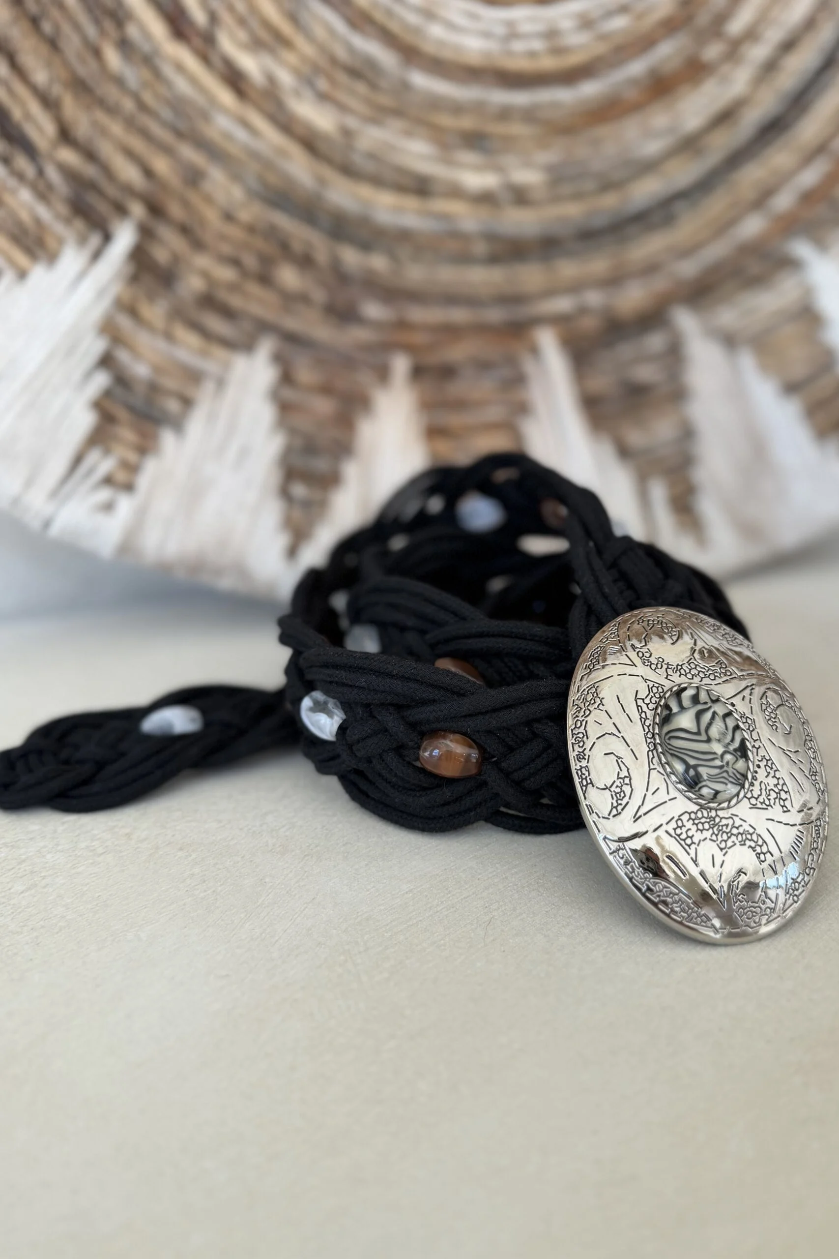 Boho Riem Savannah, Gevlochten koord met Kralen Zwart. - Afbeelding 2