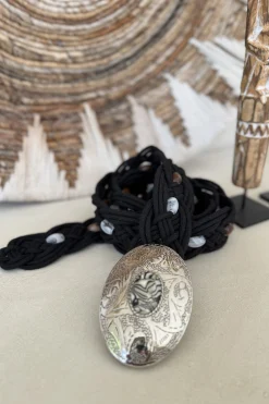 Boho Riem Savannah, Gevlochten koord met Kralen Zwart.