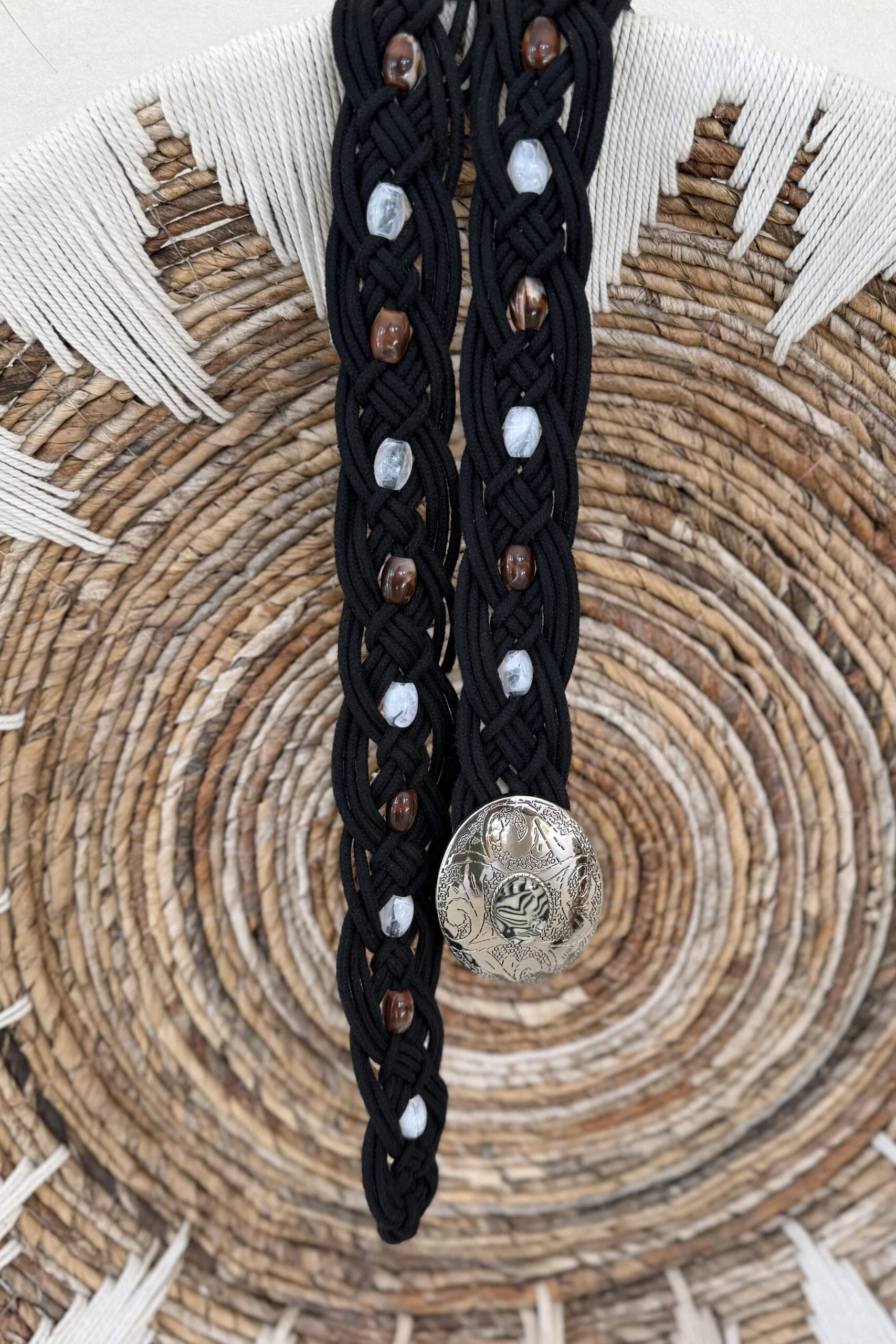 Boho Riem Savannah, Gevlochten koord met Kralen Zwart. - Afbeelding 4