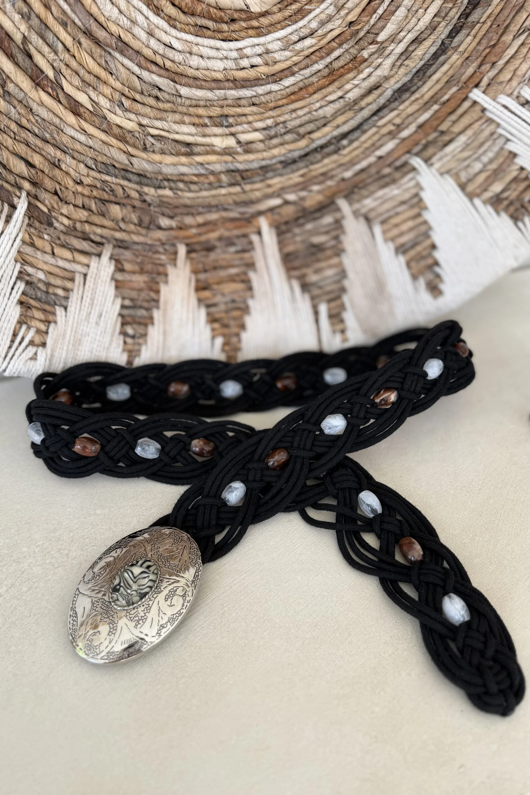 Boho Riem Savannah, Gevlochten koord met Kralen Zwart. - Afbeelding 5