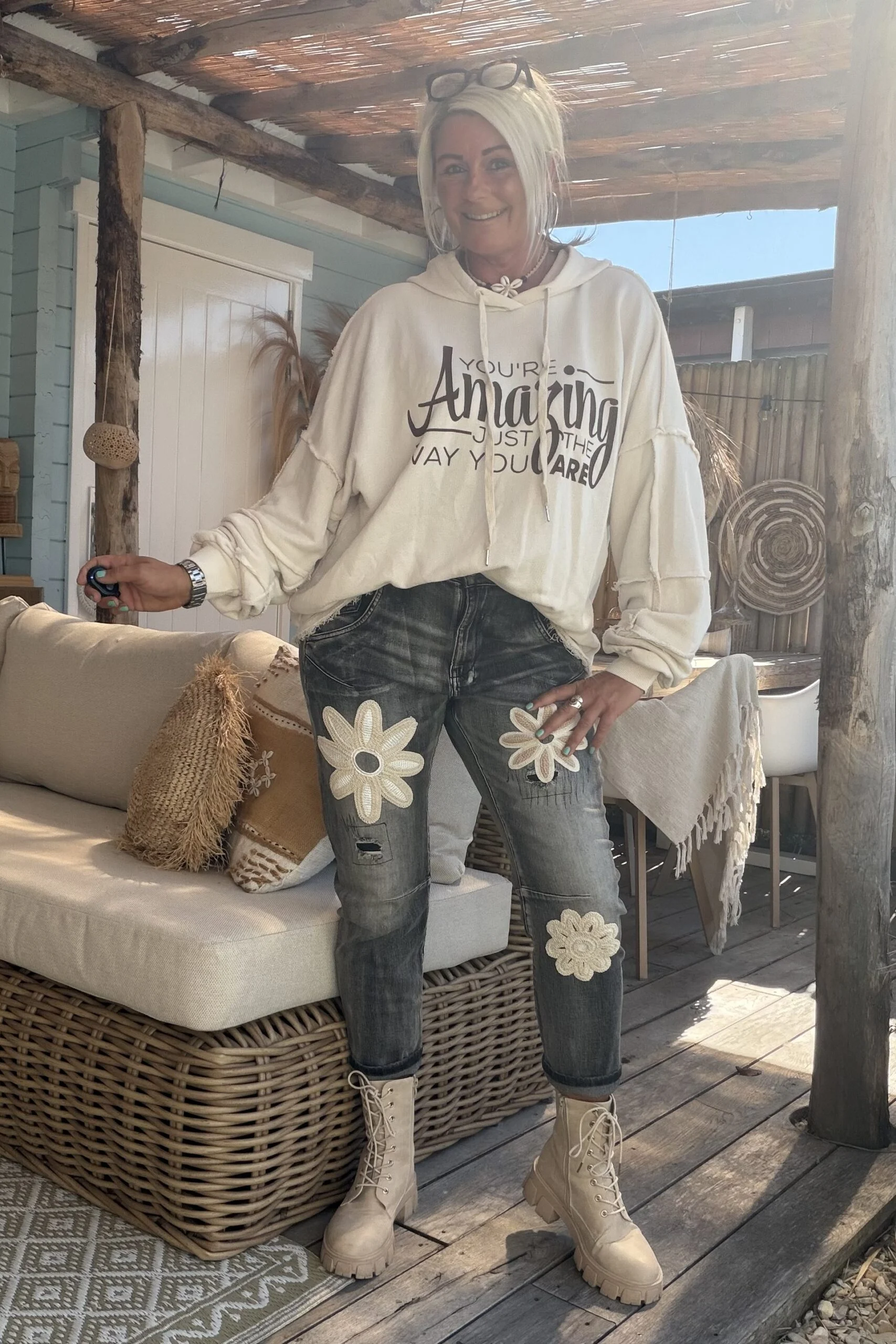 S.Woman Hippie Jeans Jola met Bloemen, Zwartgrijs. - Afbeelding 8