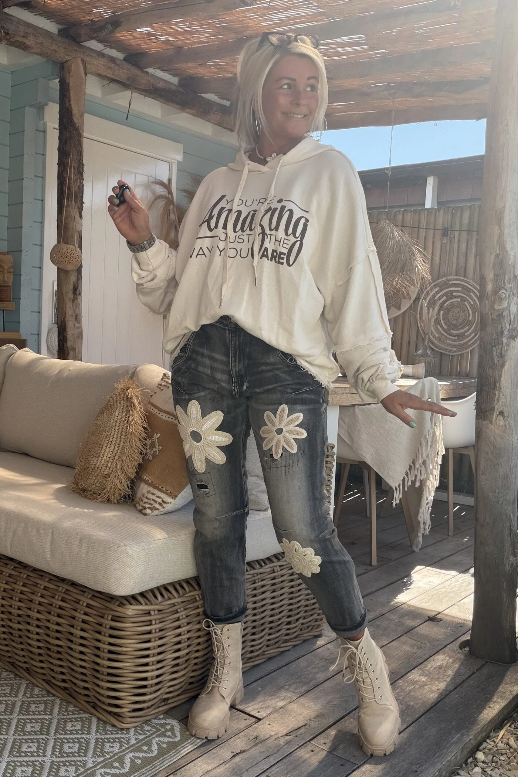S.Woman Hippie Jeans Jola met Bloemen, Zwartgrijs. - Afbeelding 7
